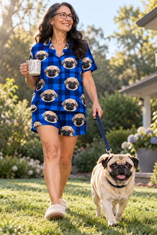 Woman in glasses with a mug walks her fawn pug across a sunny lawn in a blue plaid pug face short pajama set