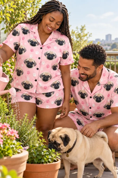 Couple tending a sunny rooftop garden in blush pink paw print pug face pajama sets, petting their fawn pug
