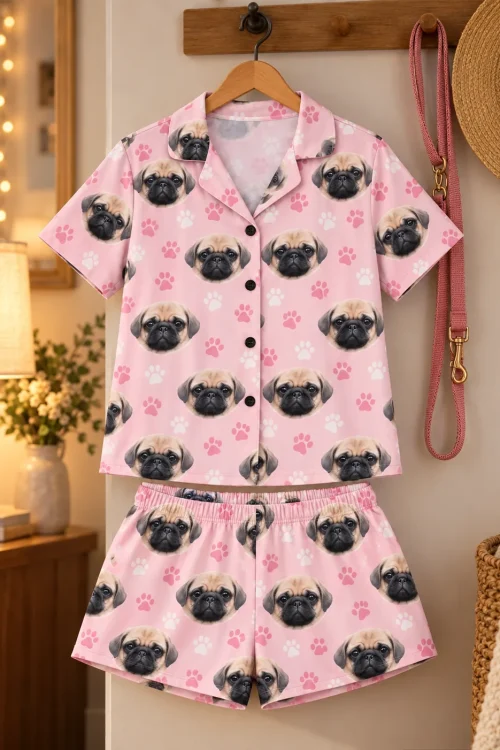 Blush pink paw print short pajama set with fawn pug faces on a wall hanger beside a pink leash and straw hat