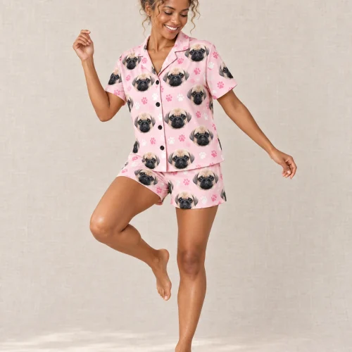 Women's Blush Pink Paw Print Short Pajama Set with Your Pet's Face