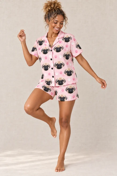 Women's Blush Pink Paw Print Short Pajama Set with Your Pet's Face
