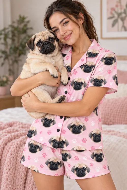 Woman hugging her fawn pug in a pink bedroom, wearing a blush pink paw print short pajama set printed with pug faces