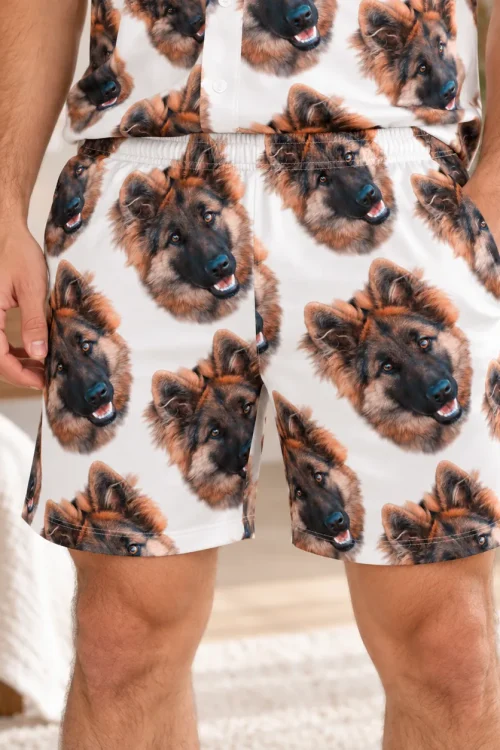 Close-up of the men's pet face pajama shorts with German shepherd face print