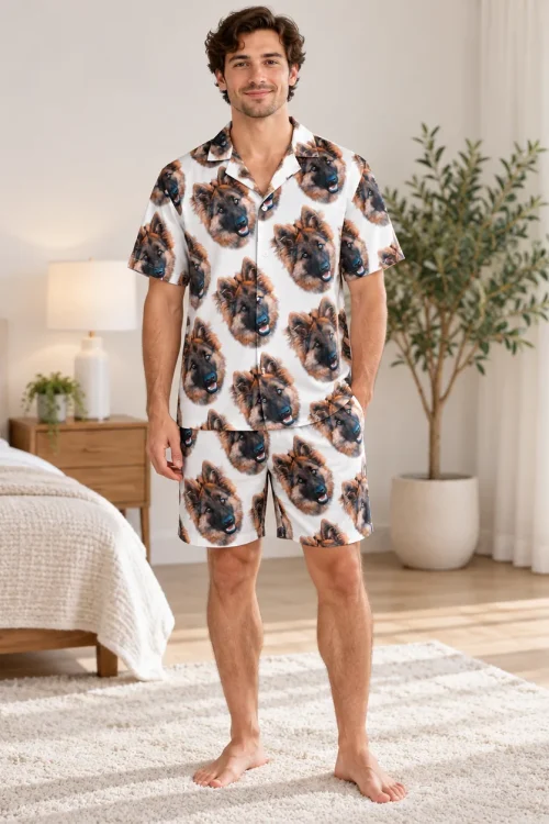 Man in the men's pet face short pajama set printed with German shepherd faces