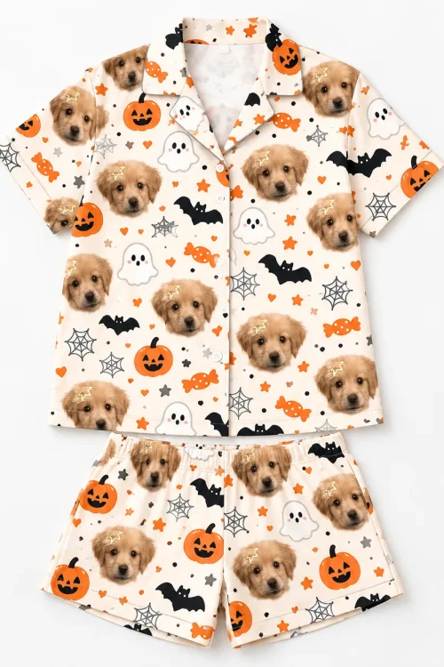 Halloween pajama set with pet face print laid flat, shirt above the shorts