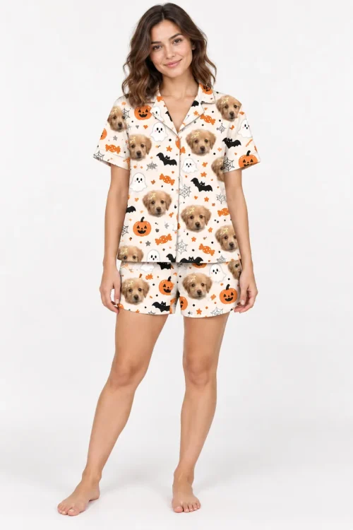 Halloween pet face pajama set: puppy faces with pumpkins, ghosts and bats on cream
