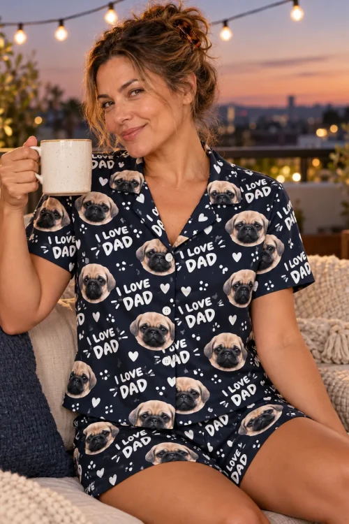 Woman raising a mug on a rooftop sofa at dusk in a navy I Love Dad short pajama set printed with fawn pug faces
