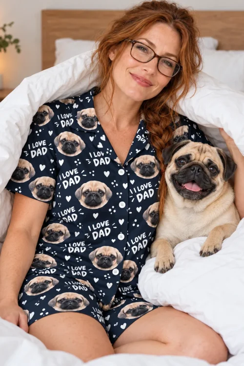 Woman in glasses snuggles under a white duvet with her fawn pug, wearing a navy I Love Dad pug face pajama set