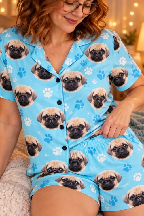 Close-up of smiling woman in glasses on a cozy bed in a light blue paw print short pajama set with fawn pug faces