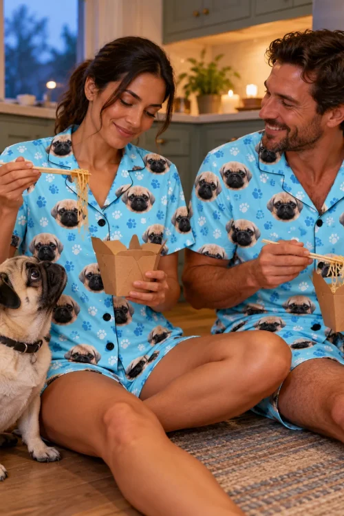 Couple eating noodles on the kitchen floor in light blue paw print pug face pajama sets as their fawn pug watches