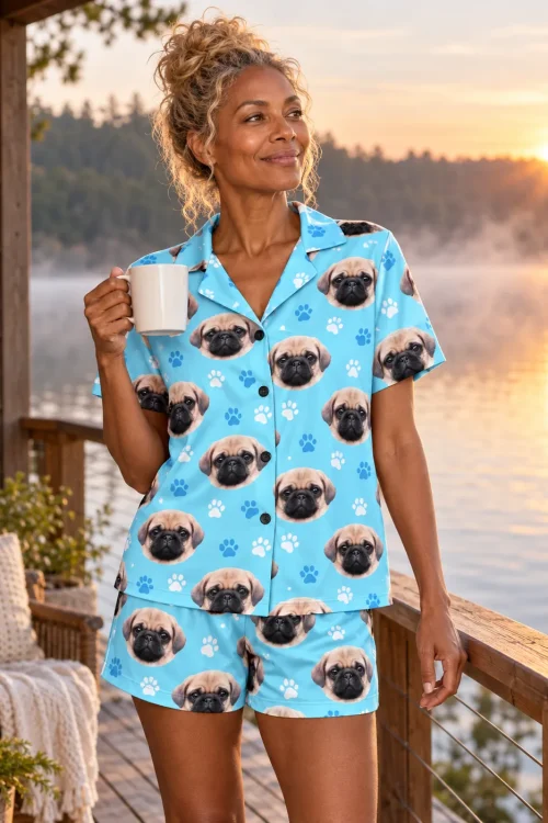 Woman with a mug on a lakeside deck at sunrise in a light blue paw print short pajama set printed with pug faces