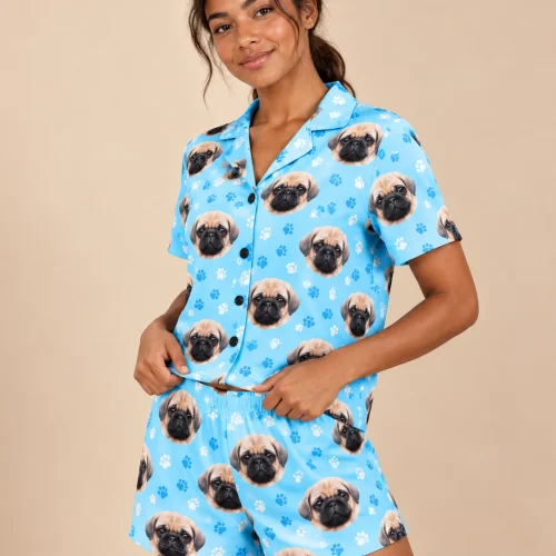 Women's Light Blue Paw Print Short Pajama Set with Your Pet's Face