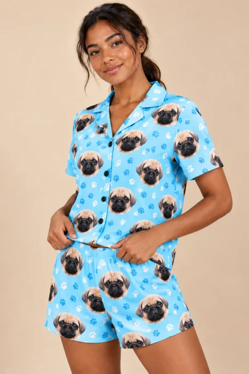 Women's Light Blue Paw Print Short Pajama Set with Your Pet's Face