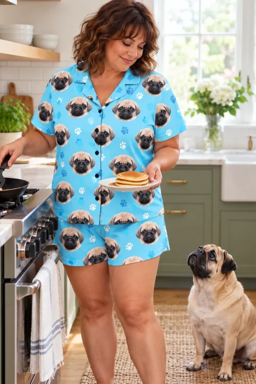 Woman making pancakes in a sunny kitchen as her fawn pug looks up, in a light blue paw print pug face pajama set