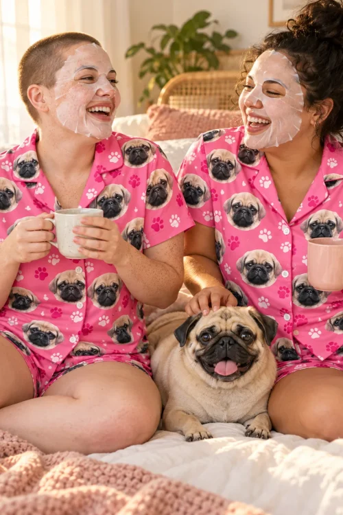 Two women in face masks with mugs on a bed in pink paw print pug face pajama sets, petting their happy fawn pug