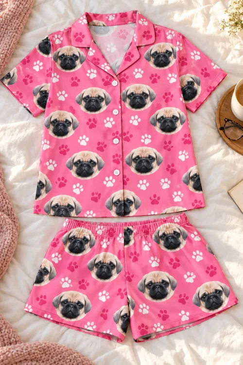 Pink paw print short pajama set with fawn pug faces laid flat on a white bed beside coffee, glasses and a book