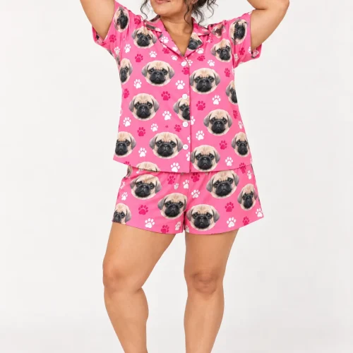 Women's Pink Paw Print Short Pajama Set with Your Pet's Face