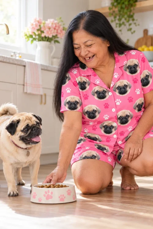 Laughing woman kneels in a sunny kitchen filling a bowl for her fawn pug, in a pink paw print pug face pajama set