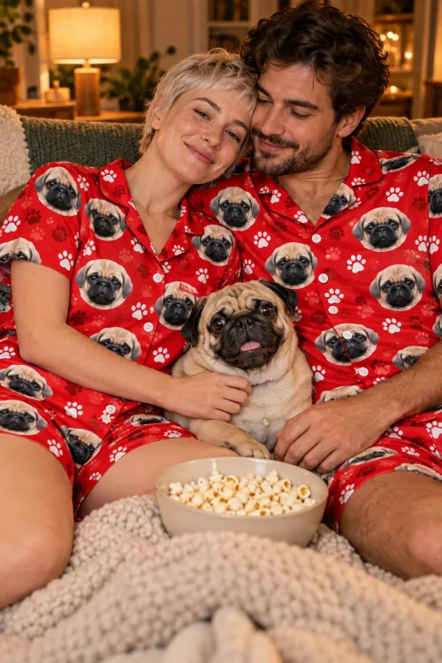 Couple cuddling on a sofa with popcorn in red paw print pug face pajama sets, their fawn pug sitting between them