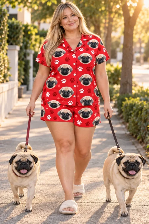 Woman in fluffy slides walks two fawn pugs down a sunny sidewalk, wearing a red paw print pug face short pajama set