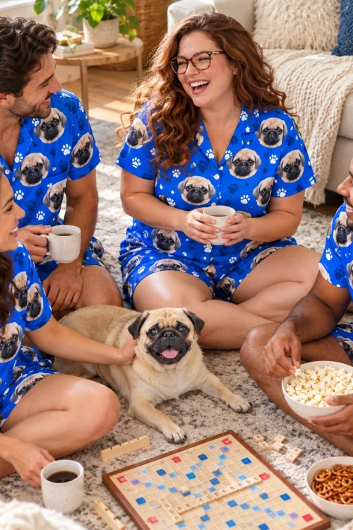 Four adult friends play a board game on a rug in royal blue paw print pug face pajama sets with their fawn pug