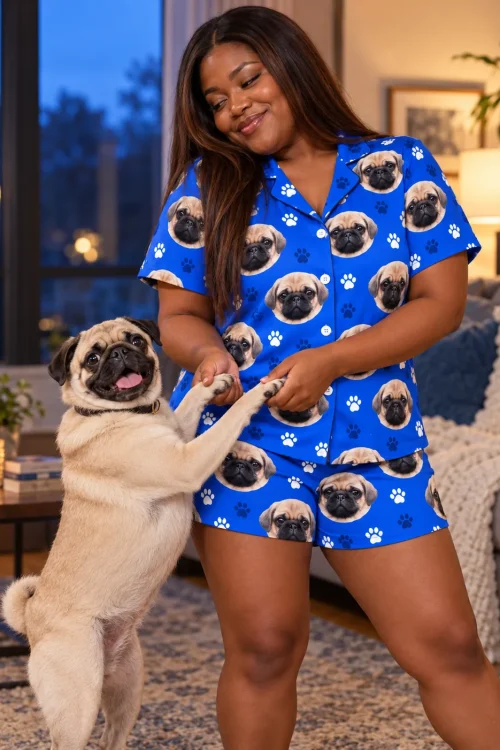 Woman dances with her fawn pug standing on its hind legs in a living room, in a royal blue paw print pug pajama set