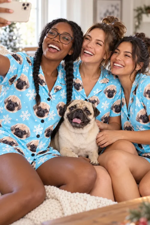 Three women take a sofa selfie with their fawn pug, all in sky blue snowflake pug face short pajama sets