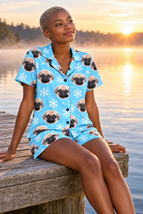 Woman sitting on a lake dock at sunrise in a sky blue snowflake short pajama set printed with fawn pug faces