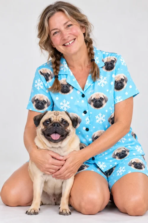 Woman with braids kneels hugging her fawn pug in a sky blue snowflake pug face short pajama set, light studio