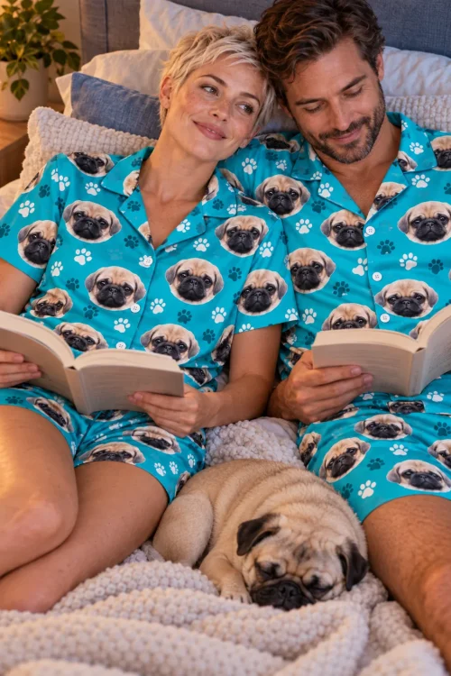 Couple reading books in bed in teal paw print pug face pajama sets while their fawn pug sleeps between them