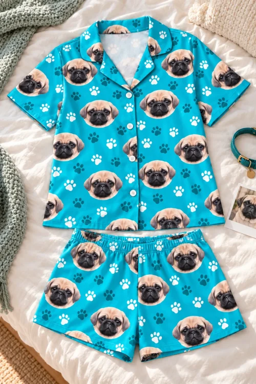 Teal paw print short pajama set with fawn pug faces laid flat on a bed beside a teal collar and a pug photo