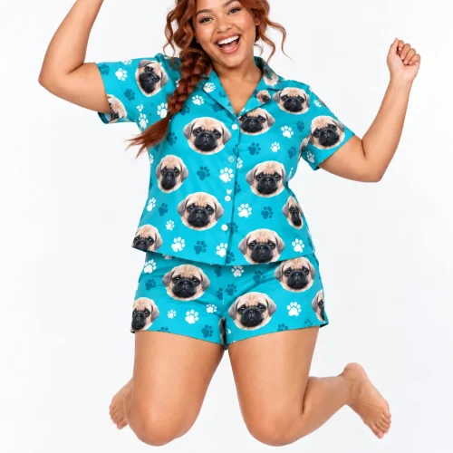 Women's Teal Paw Print Short Pajama Set with Your Pet's Face