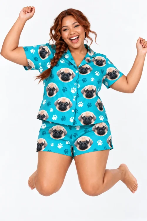 Women's Teal Paw Print Short Pajama Set with Your Pet's Face