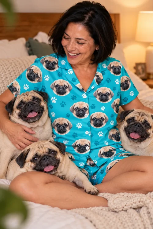 Laughing woman sits on a cozy bed with three fawn pugs, wearing a teal paw print short pajama set with pug faces