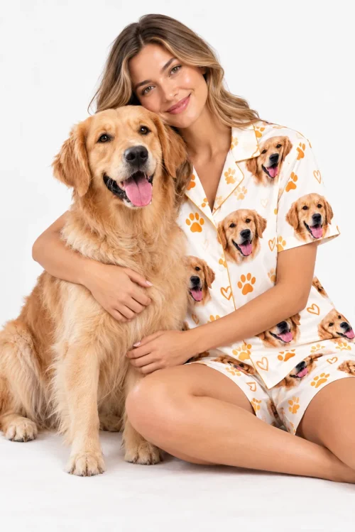 Woman hugging her golden retriever, wearing pajama sets with pets face of the same dog