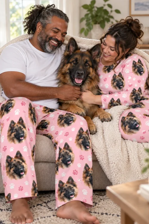Couple in pink paw print pajama pants with German Shepherd faces, hugging their German Shepherd on a sofa