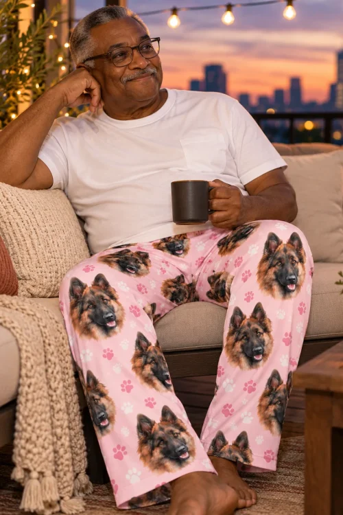 Older man with a mug on a rooftop sofa at dusk in pink paw print pajama pants with dog faces