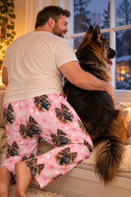 Man kneeling at a window with his arm around a German Shepherd, wearing pink paw print pajama pants
