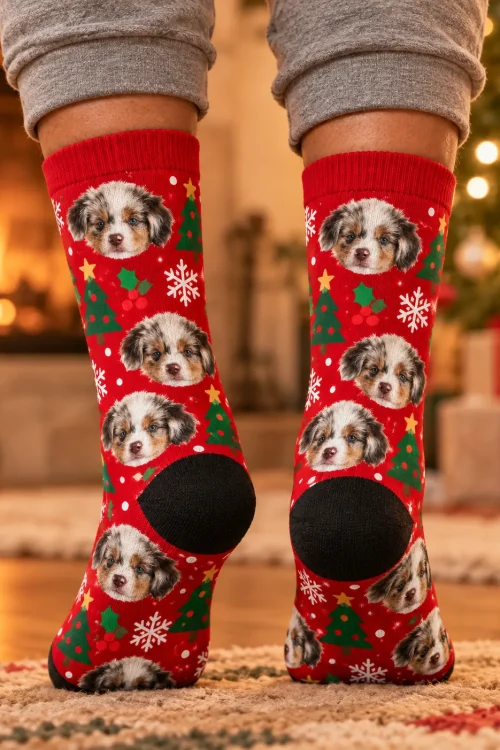 Back of heels by a fireplace and tree in red Christmas socks with puppy faces