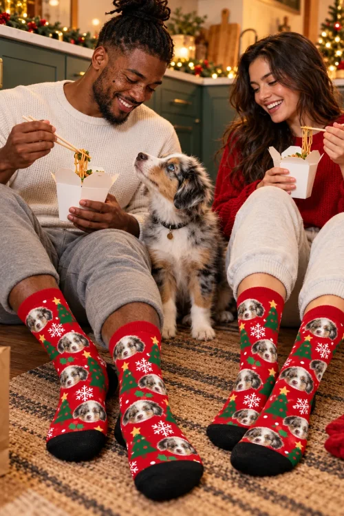 Couple eating takeout on the floor by a Christmas kitchen in red holiday socks with their puppy