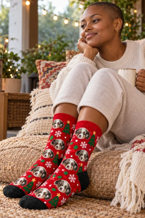 Woman with a mug on a lit porch in personalized Christmas socks with puppy faces