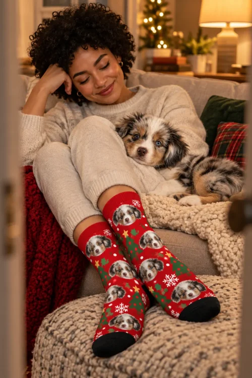 Woman cuddling her Aussie puppy on a couch by the tree in red Christmas face socks