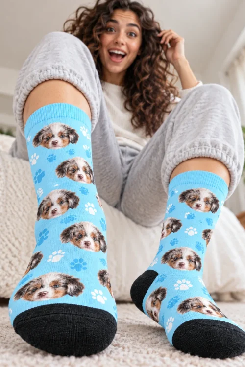 Excited woman stretching her feet toward the camera in light blue paw face socks