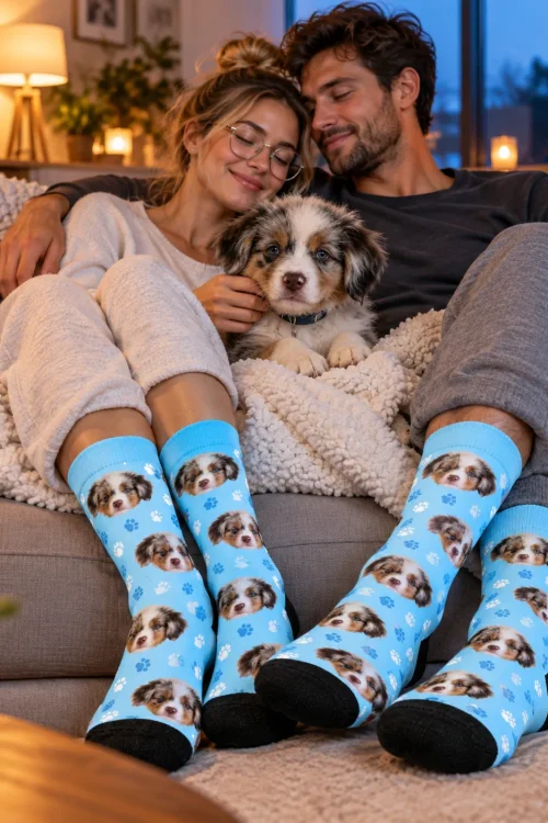 Couple on a couch with their puppy, all feet in light blue paw personalized socks