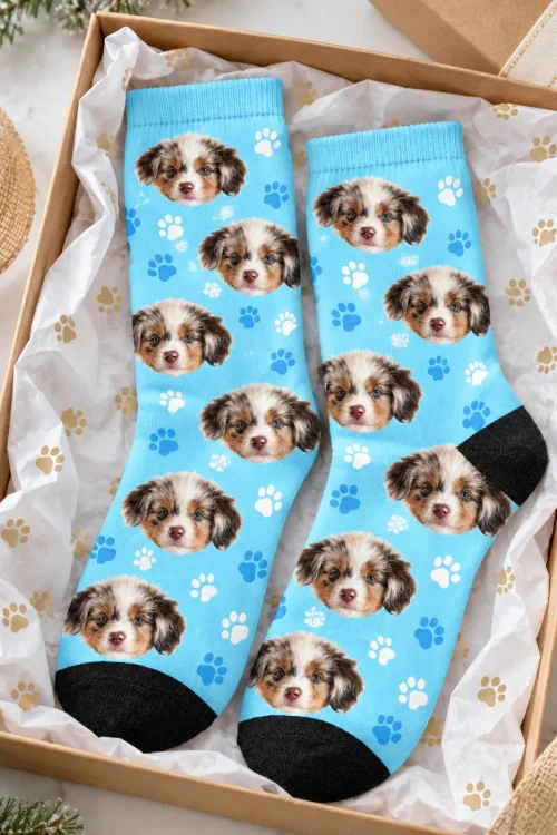 Light blue paw print crew socks with puppy faces in a gift box with tissue paper