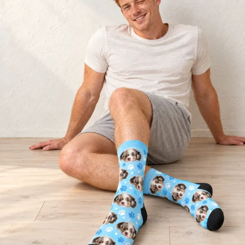 Personalized Crew Socks with Your Pet's Face, Light Blue Paws