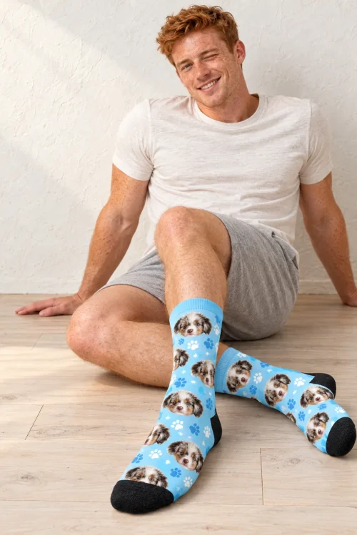 Personalized Crew Socks with Your Pet's Face, Light Blue Paws