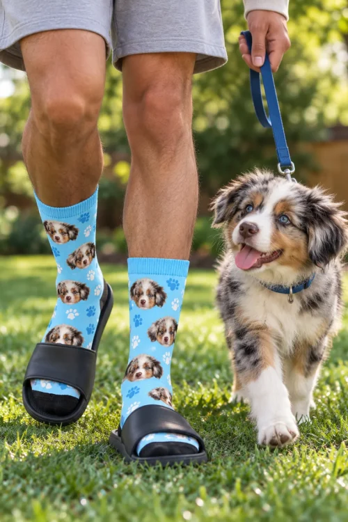Walking an Aussie puppy on grass in slides and light blue paw socks with its face