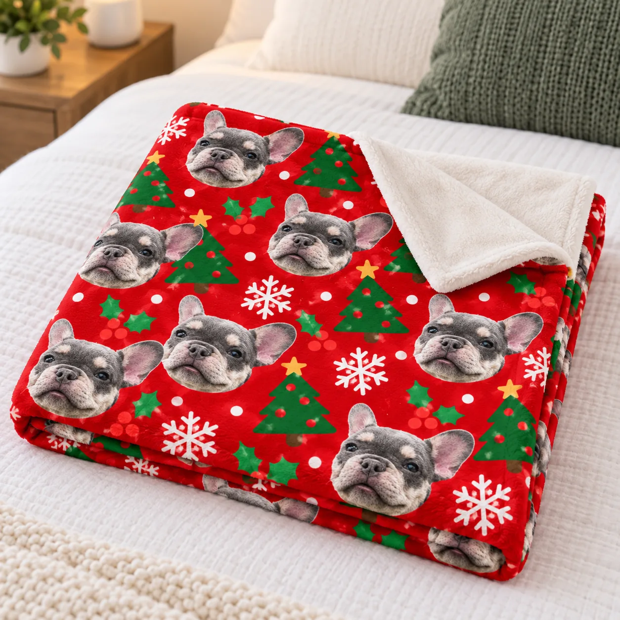 Folded red fleece dog blanket with French bulldog faces on a bed, the white back turned up