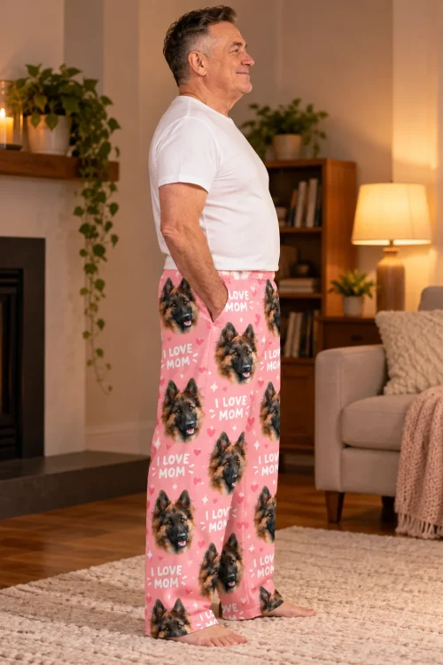 Man stands by a fireplace in pink I LOVE MOM pajama pants printed with German shepherd faces
